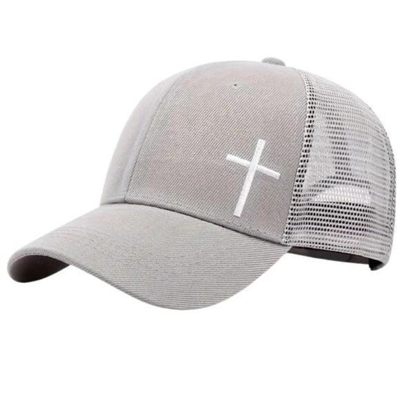 Gray Adjustable Mesh Snap Back Cap with White Embroidered Cross, Unisex - Picture 2 of 2